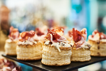 Bar counter with Volovanes pintxos with Iberian ham, Basque Country, Spain