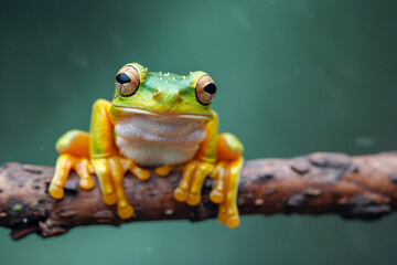 a green frog on a branch