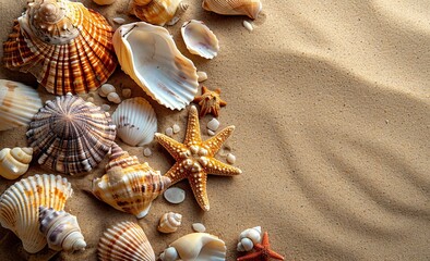 Fototapeta na wymiar Seashells and starfish on sand background with copy space