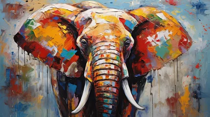 Zelfklevend Fotobehang The painted elephant in oil on canvas. Contemporary painting. Textured paint strokes. © Ameer