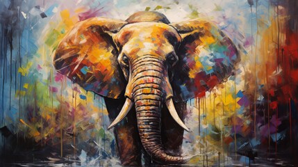 The painted elephant in oil on canvas. Contemporary painting. Textured paint strokes.