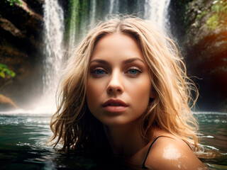 Portrait of a beautiful young woman in the water at the waterfall