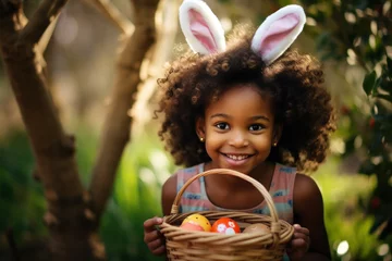  A delighted girl in bunny ears enjoys an Easter egg hunt in a sunny garden. © Iryna