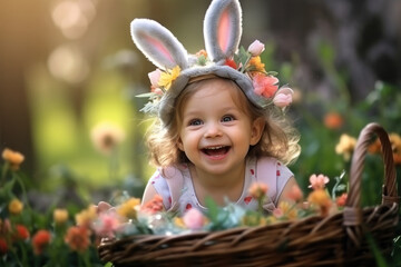 A little, excited girl with bunny ears enjoys an Easter egg hunt in a blooming garden.