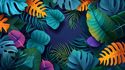 Vibrant tropical leaves with leaf pattern on blue background