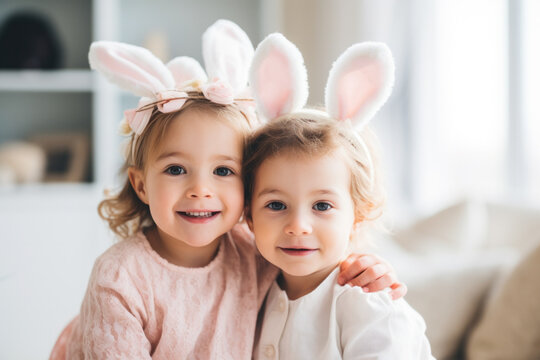 A happy family portrait during Easter, with siblings in bunny ears enjoying a joyful Easter celebration.