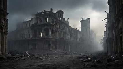 The remains of the building bear witness to the war's impact - obrazy, fototapety, plakaty