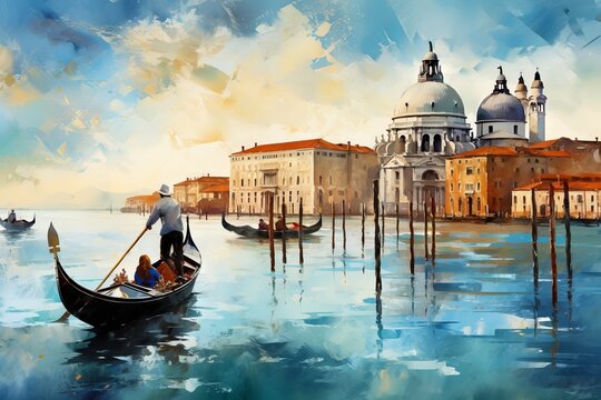 Painting of venice canal with gondolas and colorful buildings in a romantic style