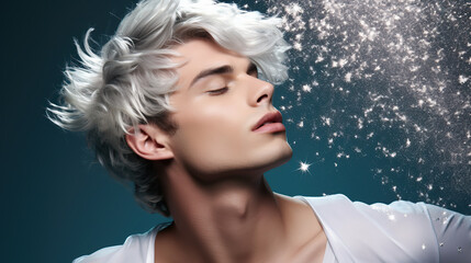 Dreamy Portrait of a Young Man with Glittering Background