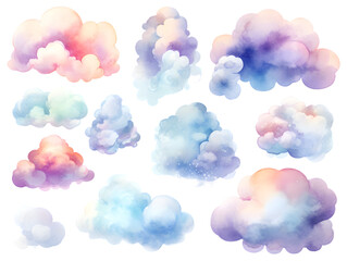 Colorful clouds watercolor collection isolated on transparent background	
