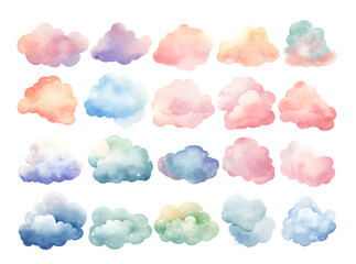 Colorful clouds watercolor collection isolated on transparent background	
