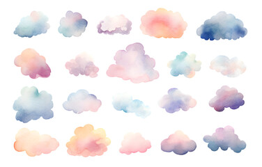 Colorful clouds watercolor collection isolated on transparent background	
