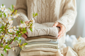 Women's hands neatly fold clothes in a spring updated wardrobe, knitted warm clothes, decluttering things