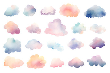 Colorful clouds watercolor collection isolated on transparent background	
