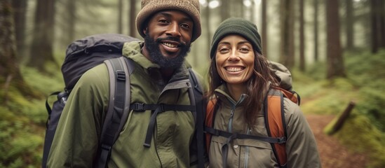 Fototapeta premium Portrait, smile and black man hiking in the forest together with his wife for travel, freedom or adventure.