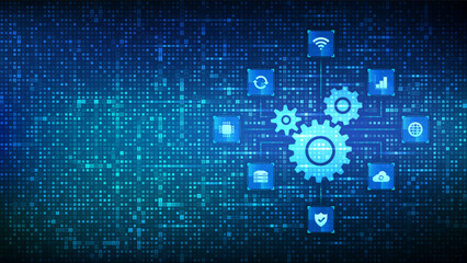 Automation Software. Gears icon made with binary code. IOT and Automation icons connections. Digital binary data and streaming digital code. Matrix background with digits 1.0. Vector Illustration.