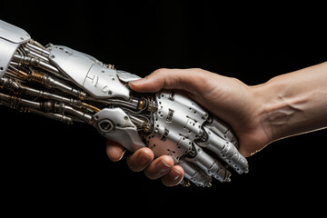The robot shakes the man's hand, cooperation of people and machines