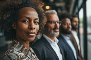 Business portrait of a diverse team of businessmen. Confident men and women of different races standing inside an office and looking at camera