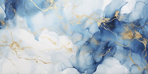 Fototapeta premium Blue and gold watercolor painting with marble effect and metallic accents for elegant wallpaper design