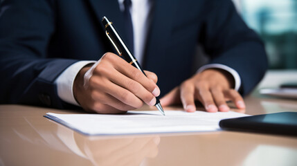 Business man holding a pen to sign the document