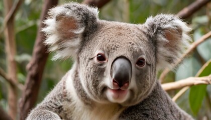 Portrait of a cute koala on a tree, blurred background