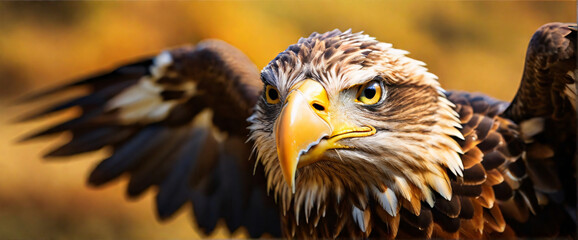  A close-up portrait of a Eagle flying, captured with a shallow depth of field to emphasize its rugged, textured fur