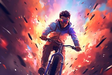 Young man riding a bicycle with a colorful energy, digital art style, illustration painting
