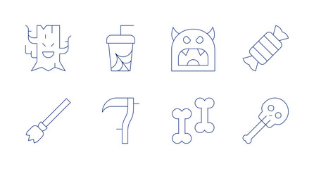 Halloween icons. Editable stroke. Containing halloween candy, ghost tree, flying broom, soda, scythe, monster.