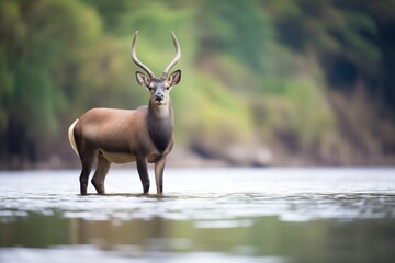 Obraz premium waterbuck standing on river island