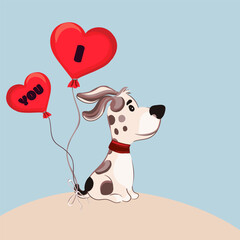 Cute vector illustration with cartoon dog and balloon hearts - 707763912