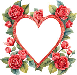 Watercolor vintage red heart-shaped frame with rose flowers and leaves clipart for card background design