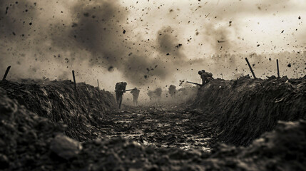 A depiction of a trench warfare scene from World War I with soldiers in muddy trenches under heavy fire.