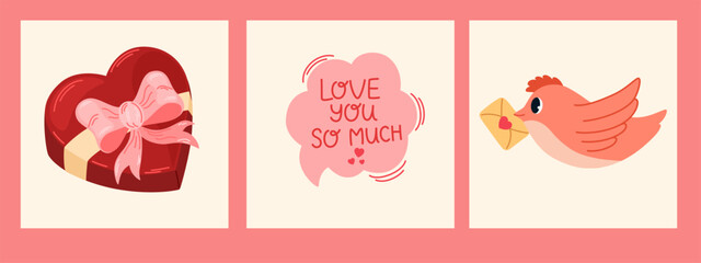 Valentines Day card set. Speech bubbles with compliment phrases, box of chocolates, pigeon with a letter. For website banner, Sale, Valentine card, cover, flyer or poster trendy vector illustration - obrazy, fototapety, plakaty