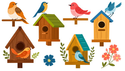 Bird houses set vector illustration. Birdhouse with a bird, homemade nests, feeders and homes, for summer and spring birds. Cartoon cute colorful birdhouses collection, feeder on garden tree - obrazy, fototapety, plakaty