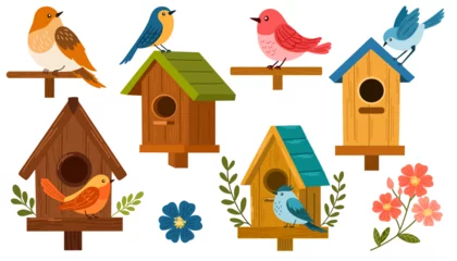 Tuinposter Bird houses set vector illustration. Birdhouse with a bird, homemade nests, feeders and homes, for summer and spring birds. Cartoon cute colorful birdhouses collection, feeder on garden tree © PawLoveArt