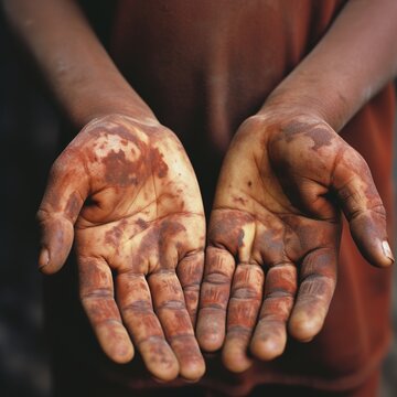 Hands of a man suffering from leprosy. Close-up. World Leprosy Day. Poor people of India. Hansen's disease