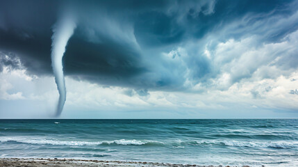 A dramatic waterspout over the ocean near a beach with water swirling upwards towards the clouds. - obrazy, fototapety, plakaty