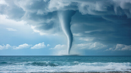 A dramatic waterspout over the ocean near a beach with water swirling upwards towards the clouds.