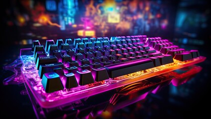 Neon computer keyboard with color backlight. - obrazy, fototapety, plakaty