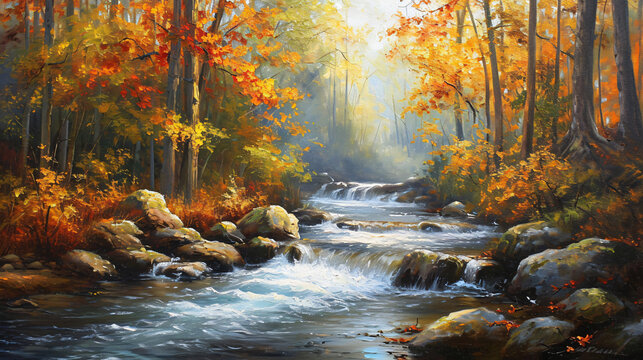 River in the autumn forest landscape painting