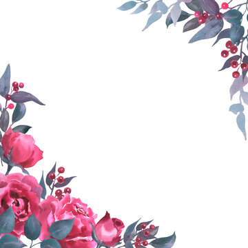 Frame with watercolor viva mangenta roses, buds, leaves, eucalyptus, and red berries. Hand drawn pink vial clipart element isolated on white background. For Valentine's Day, Mother's Day cards, gift.