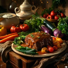 A tempting meatloaf takes center stage on a rustic wooden table, complemented by a variety of colorful vegetables and delicious gravy.