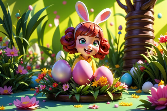 joyful girl with bunny hairband looking for easter eggs in flowers garden
