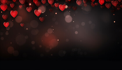 Black background with red hearts with bokeh effect