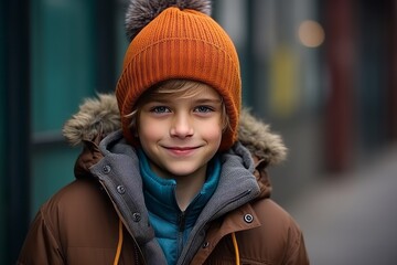 Portrait of a cute little boy in a warm hat and coat