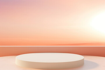 Abstract sunlight shining on podium, light orange wall, pastel background.