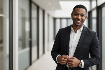 Professional black businessman smiling and looking at the camera against blurred outside office building background with copy space. - obrazy, fototapety, plakaty