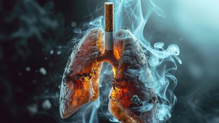Aftermath of smoking – ruined lungs struggle for breath, trapped in the destructive embrace of cigarettes. - obrazy, fototapety, plakaty