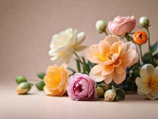 Beautifully bloomed flowers with copy space on neutral peach background