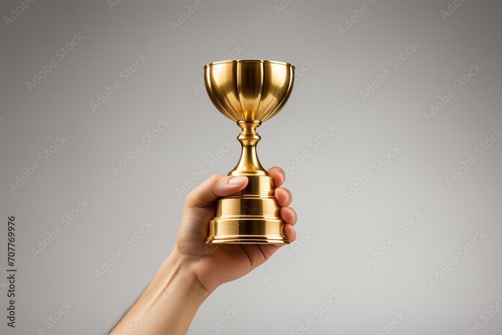 Wall mural Hand holding gold  trophy, isolated backgound, Generated AI